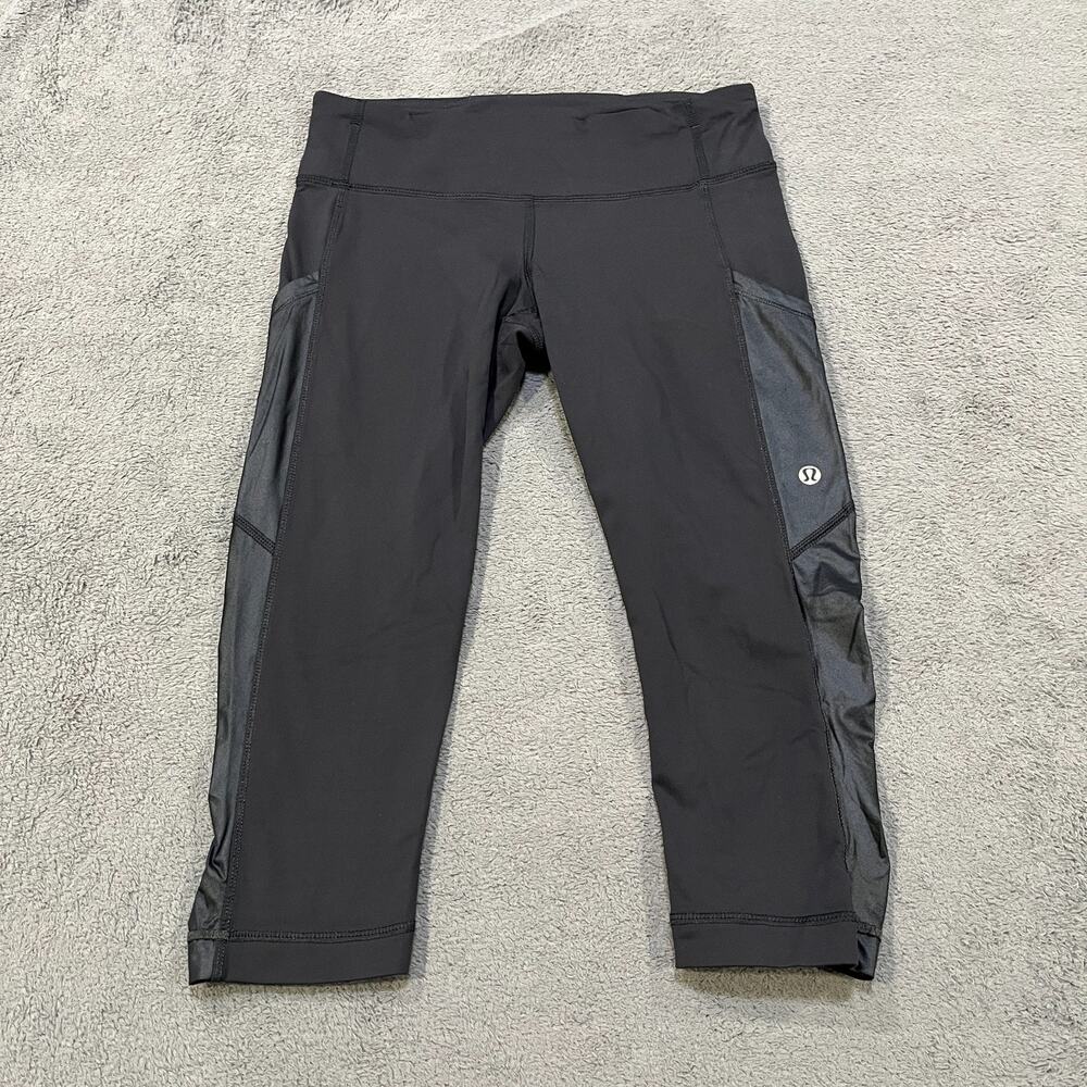 Lululemon Cut The Crop Black Shiny Side Pockets Athletic Leggings Women's Size 4